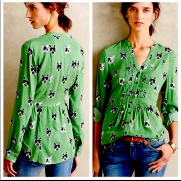 Maeve Anthropologie green composed pin-tuck button down Frenchie Bulldog shirt - Picture 1 of 16